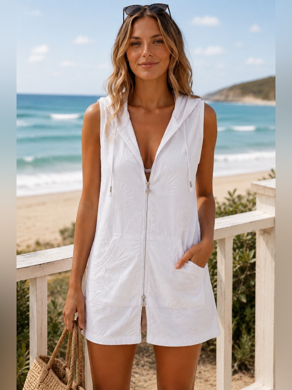 DOTTI White Sleeveless Seashell Textured Hooded Zip Up Cover Up Sz M Coastal